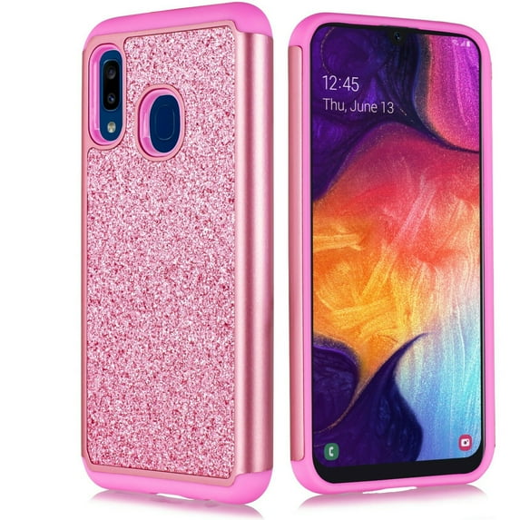 for Samsung Galaxy A10E with Temper Glass Phone Case Glitter Shock proof Edge Scratch Shield Hybrid Layers Slim Bumper Cover (Pink)