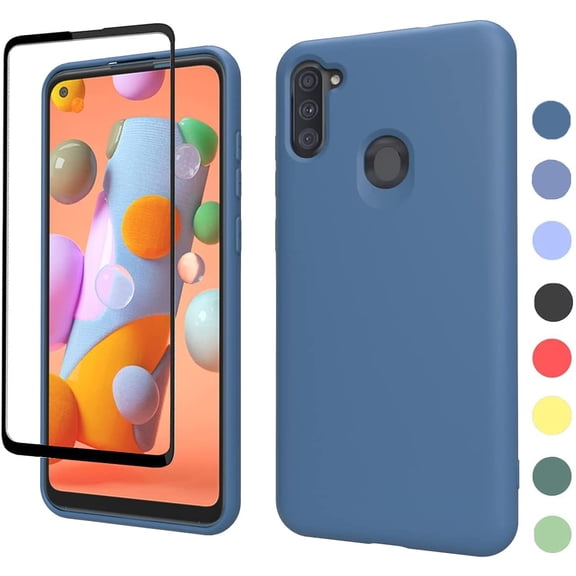 for Samsung Galaxy A11 Case, with Tempered Glass Screen Protector [2 Pack], Liquid Silicone Slim Soft Fit Drop Protection Case for Galaxy A11 (Blue.)
