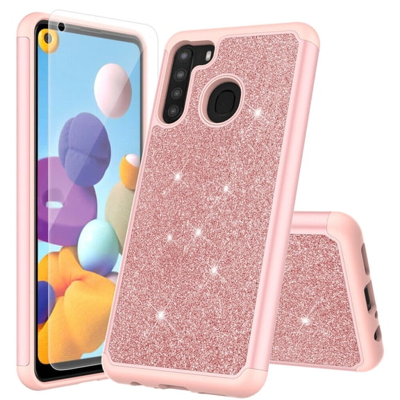for Samsung Galaxy A21 with Tempered Glass Phone Case Glitter Shock proof Edge Scratch Shield Hybrid Layers Slim Bumper Cover (Rose Gold)