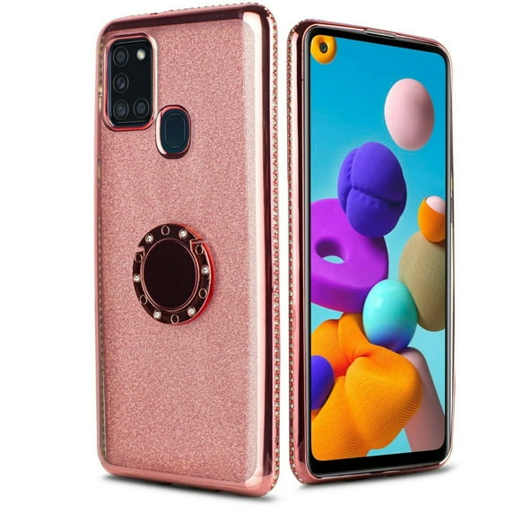 for Samsung Galaxy A21S Ring TPU Glitter Phone Case Magnet Mount Ready Slip Guard Grids Pattern Kick stand Hybrid Slim Shock Bumper Cover