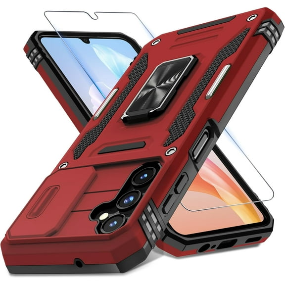 for Samsung Galaxy A24 Case with Slide Camera Cover+Screen Protector(1 Pack), Rotated Ring Kickstand Military Grade Shockproof Protective Cover-Red
