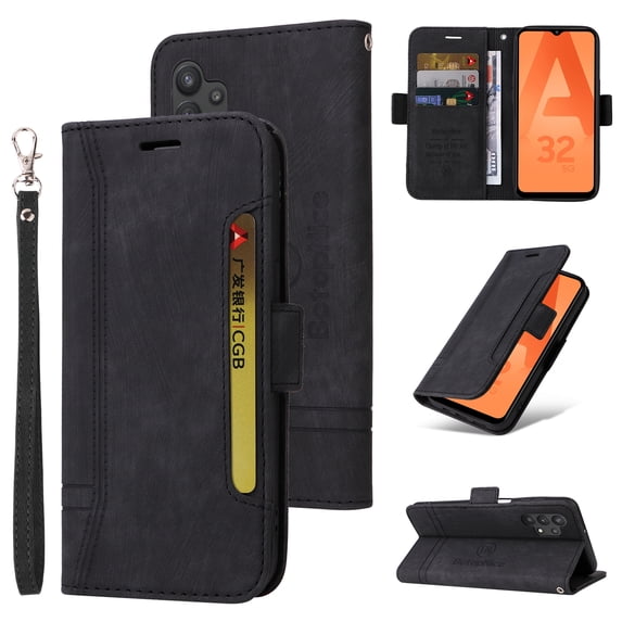 for Samsung Galaxy A32 5G Wallet Case,PU Leather Magnetic Flip Strap Wrist Phone Cover with RFID Block Card Holder for Samsung Galaxy A32 5G,Black