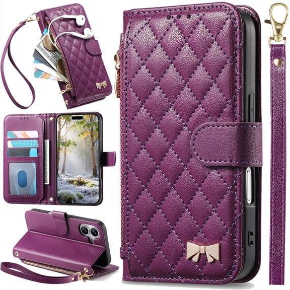 for Samsung Galaxy A37 Leather Case Classic Diamond Quilted Checkered Pattern Wallet, Multi-layer Card Slot, Magnetic Clasp, Wrist Strap, Metal Bow