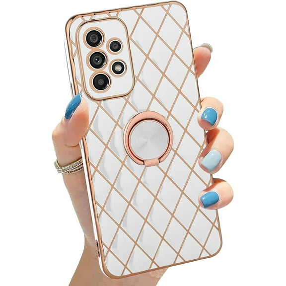 for Samsung Galaxy A53 5G Case with 360 Ring Kickstand A53 5G Case Luxury Plating Gold Bumper Shockproof Protective Phone Cover for Women Girls-White