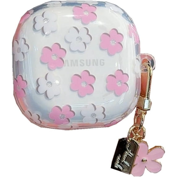 for Samsung Galaxy Buds FE Case with Chain,Clear Flower Pattern Shockproof Protective Cover for Galaxy Buds 2 Pro/2/Pro/live (Pink)