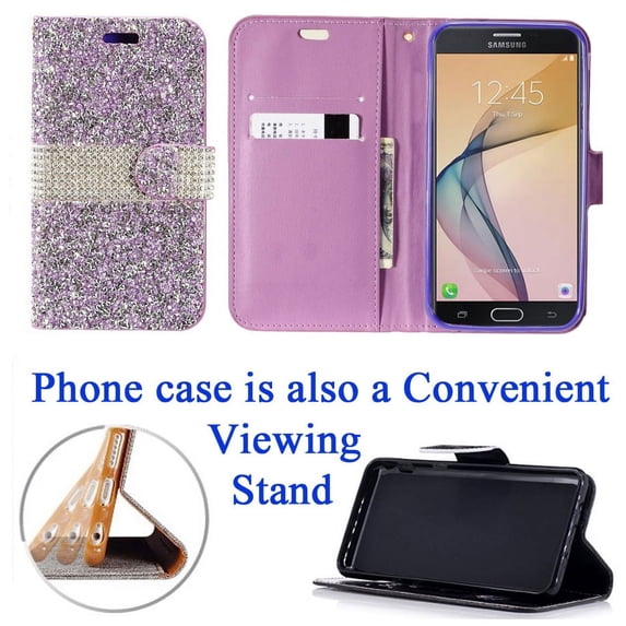 for Samsung Galaxy J7 2017 J7SkyPro J730 Perx J727 Case Phone Case Hybrid Diamond Bling Wallet Kickstand Pouch Screen Flip Cover Purple