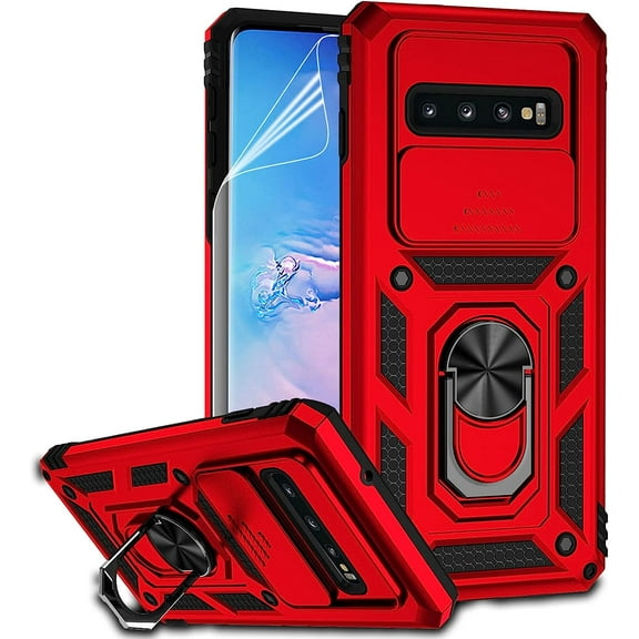 for Samsung Galaxy S10 Case, Dual Layer Military-Grade Drop Tested Magnetic Ring Holder Kickstand Protective Phone Case for Samsung Galaxy S10 (Red)