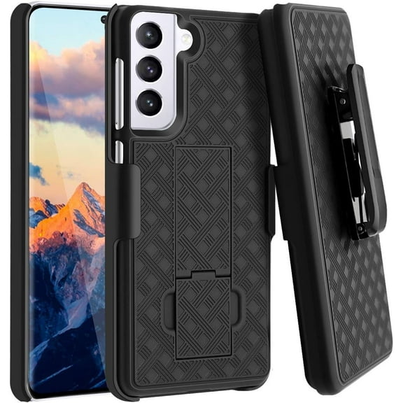 for Samsung Galaxy S21 Case With Belt Clip Holster Rugged Combo Armor Shell Kickstand Swivel Shockproof Cover For Sansung S21 6.1"(Black)