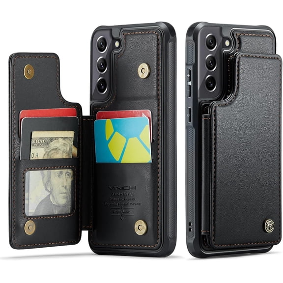 for Samsung Galaxy S21 FE Wallet Case with Card Holder, RFID Blocking Credit Slots Kickstand Shockproof Phone Cover for Women Men, Black