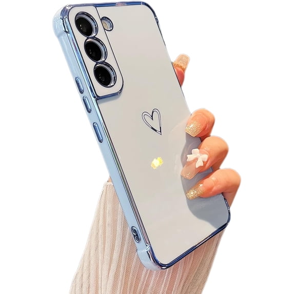 for Samsung Galaxy S21 Plus 5G Case,Cute Plating Edge Love Hearts Pattern with Camera Lens Protection Phone Cover for Girls Women,Blue