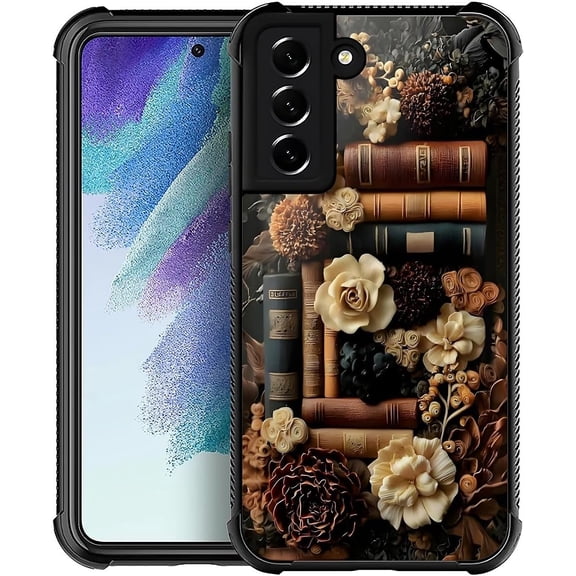 for Samsung Galaxy S22 Plus Case, Soft Silicone Shockproof Bumper Camera Protection Phone Case-Dark Academia Vintage Floral Bookshelf