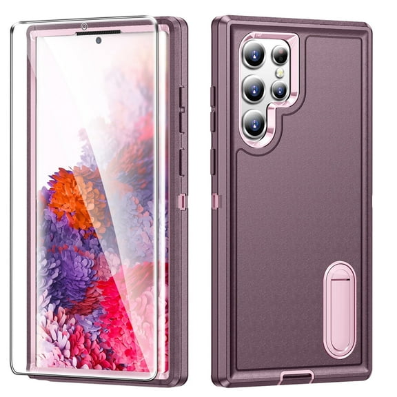 for Samsung Galaxy S22 Ultra Case with Glass Screen Protector, Heavy Duty Shockproof Case with Built-in Kickstand, Purple