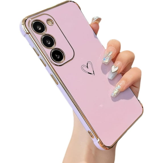 for Samsung Galaxy S23 5G Case,Cute Plating Edge Love Hearts Pattern with Camera Lens Protection Phone Cover for Girls Women,Purple