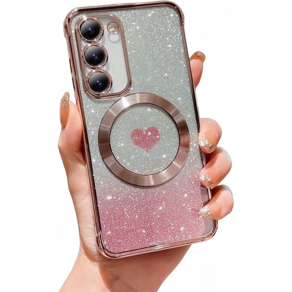 for Samsung Galaxy S23 Case Glitter, [Strong Magesafe Metal Plate][Full Protection Camera Lens Protected] Bling Shiny Luxury Chrome Plated (Pink)