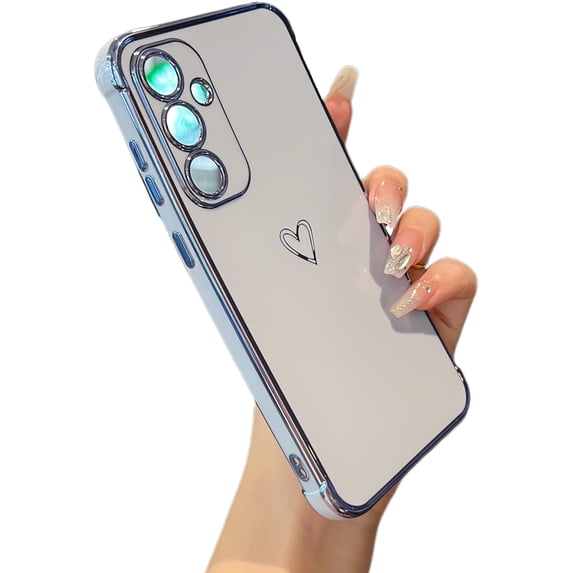 for Samsung Galaxy S23 FE 5G Case,Cute Plating Edge Love Hearts Pattern with Camera Lens Protection Phone Cover for Girls Women,Blue