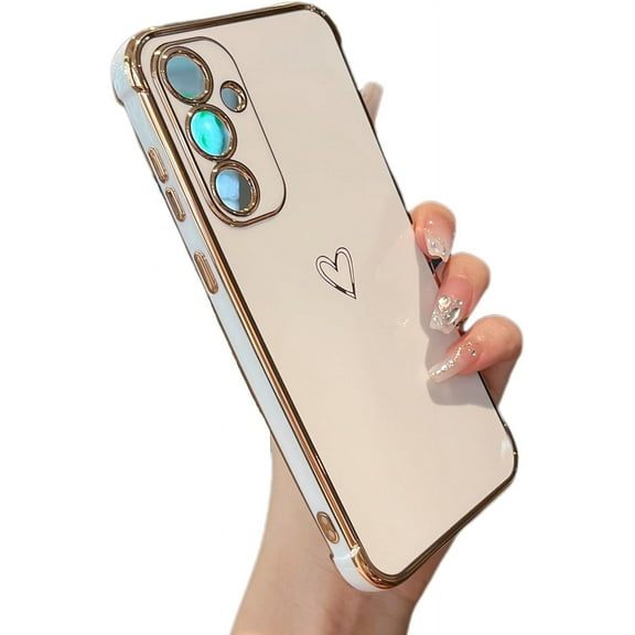 for Samsung Galaxy S23 FE 5G Case,Cute Plating Edge Love Hearts Pattern with Camera Lens Protection Phone Cover for Girls Women,White