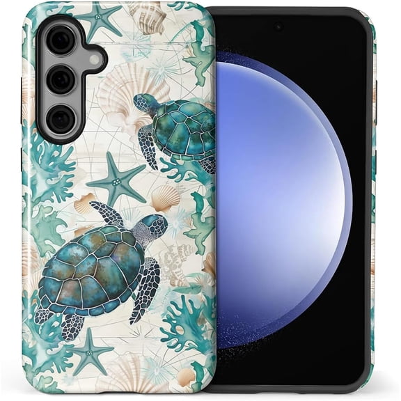 for Samsung Galaxy S23 FE Case, HL2 Ocean Sea Turtle Nautical Map Hybrid 2 Layer Hard Shell Silicone Protective Pattern Design Case