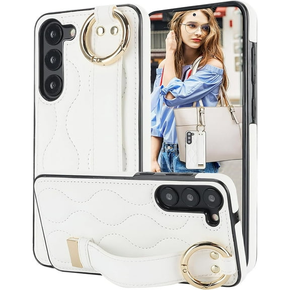 for Samsung Galaxy S23+ Plus Case with Wristband Strap, PU Leather Phone Case with Ring Stand Case for Samsung Galaxy S23 Plus ZWD White