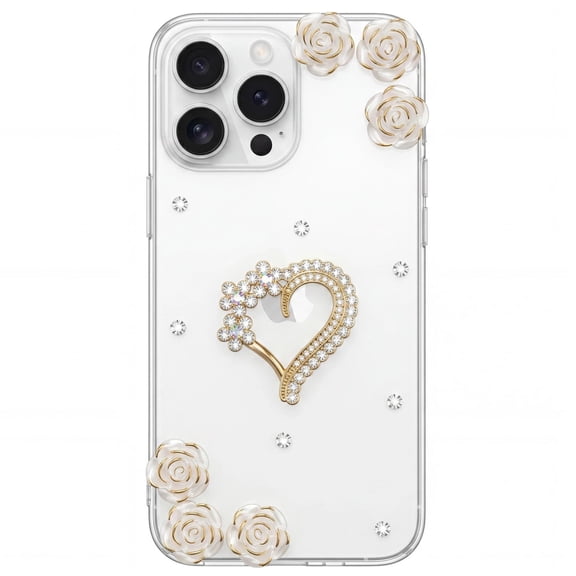 for Samsung Galaxy S23 Rhinestone Phone Case Designer Handmade Bling Metal Diamond Love Heart & Gold Plating Rose Flower Crystal Cover Women Girl