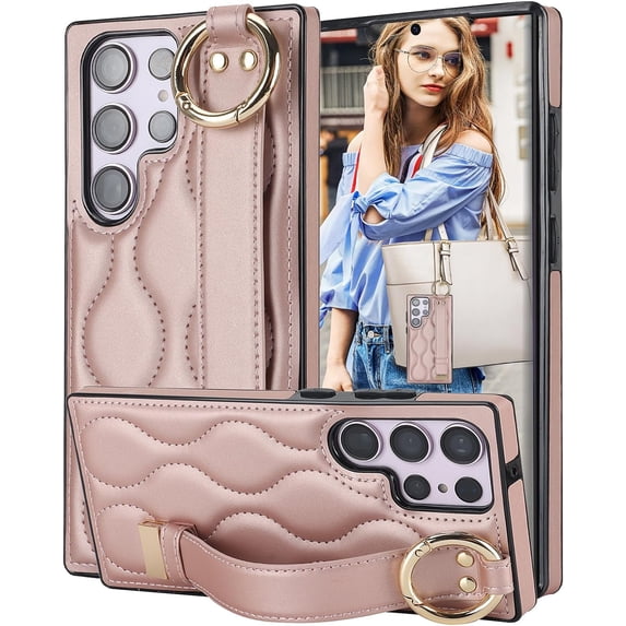 for Samsung Galaxy S23 Ultra Case with Wristband Strap, PU Leather Phone Case with Ring Stand Case for Samsung Galaxy S23 Ultra ZWD Rose