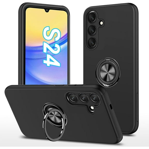 for Samsung Galaxy S24 Case, Built in Hidden 360° Rotatable Kickstand Magnetic Metal Ring Holder,  Grade Shockproof Protective Phone Cover(Black)