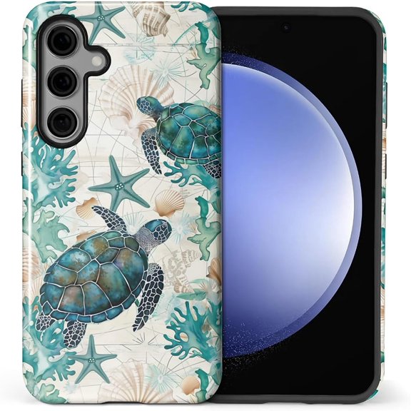 for Samsung Galaxy S24 Case, HL2 Ocean Sea Turtle Nautical Map Hybrid 2 Layer Hard Shell Silicone Protective Pattern Design Case