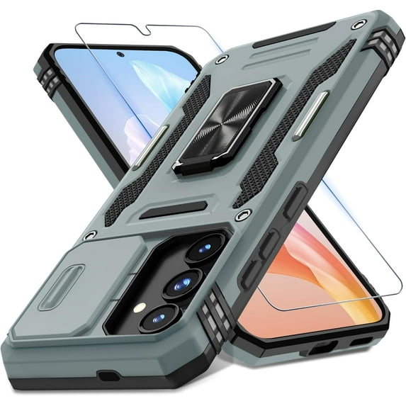 for Samsung Galaxy S24 Case with Slide Camera Cover+Screen Protector (1 Pack), Rotated Ring Kickstand Military Grade Shockproof Protective Cover-Grey