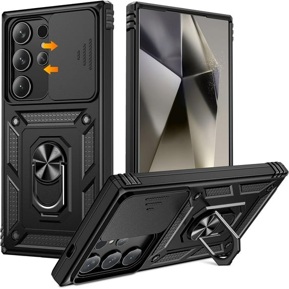 for Samsung Galaxy S24 Ultra Case with Slide Camera Cover, Rugged Heavy Duty Shockproof Protective S 24 Ultra Phone Case with Ring Kickstand, Black