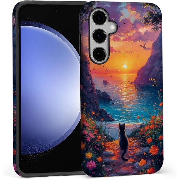 for Samsung Galaxy S25 Case,Dual-Layer TPU Silicone + PC Hard,Shockproof and Scratch-Resistant Phone Case The Cat with The Sunset Flowers