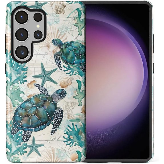 for Samsung Galaxy S25 Ultra Case, HL2 Ocean Sea Turtle Nautical Map Hybrid 2 Layer Hard Shell Silicone Protective Pattern Design Case