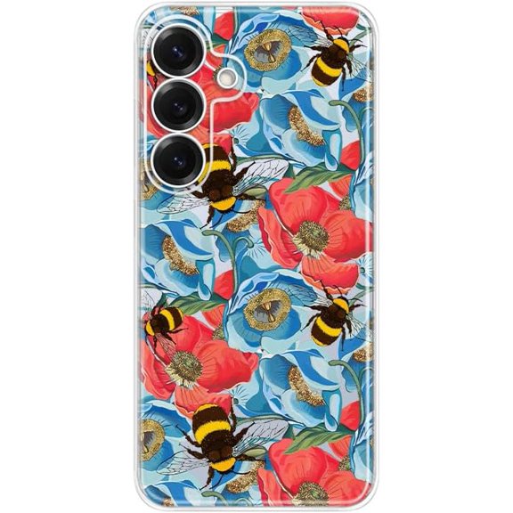 for Samsung Galaxy S26 Plus Case, Cute Floral Bee Pattern Pretty Flower Style Transparent Soft TPU Protective Clear Case 6.7 Inch (Bumblebee Flowers)