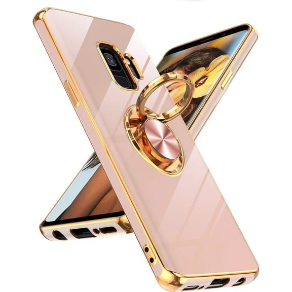 for Samsung Galaxy S9 Case: 360° Rotatable Ring Holder Magnetic Kickstand, Plating Rose Gold Edge Protective Case, Purple