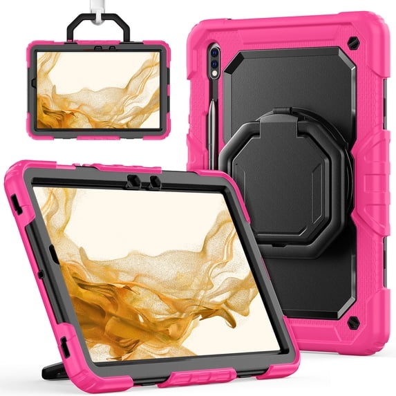 for Samsung Galaxy Tab S8 Plus/S7 FE/S7+ Plus Case 12.4 inch, 360 Rotating Shockproof Cover with Stand, Handle, Shoulder Strap, Rose