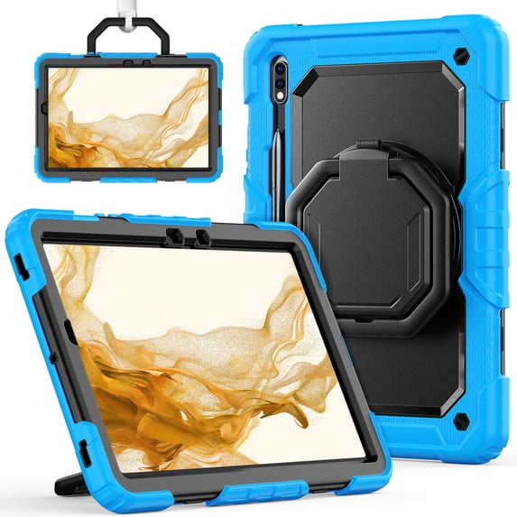 for Samsung Galaxy Tab S8 Plus/S7 FE/S7+ Plus Case 12.4 inch, 360 Rotating Shockproof Cover with Stand, Handle, Shoulder Strap, Sky Blue
