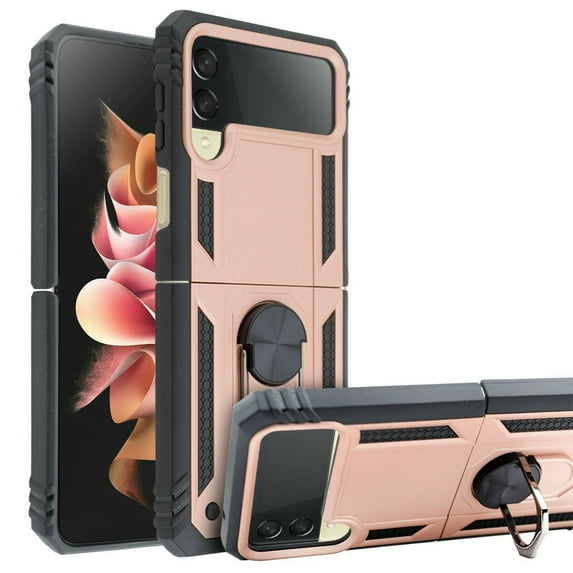 for Samsung Galaxy Z Flip 3 5G Phone Case Magnet Mount Ready Slip Guard Grids Pattern Ring Kickstand Hybrid Slim Shock Bumper Cover
