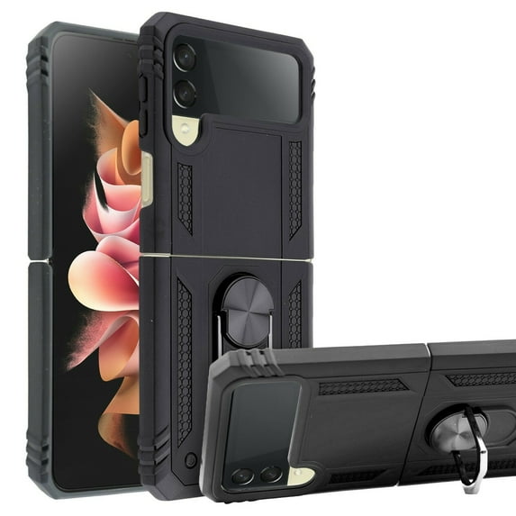 for Samsung Galaxy Z Flip 3 5G Phone Case Magnet Mount Ready Slip Guard Grids Pattern Ring Kickstand Hybrid Slim Shock Bumper Cover