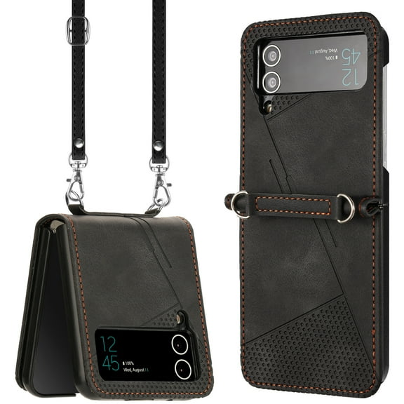 for Samsung Galaxy Z Flip 3 Stylish Case with Shoulder Strap PU Leather Embossed Shockproof Phone Cover for Samsung Galaxy Z Flip 3, Black