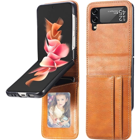 for Samsung Galaxy Z Flip 3 Wallet Case with Card Holder,Touch Slim PU Leather Shockproof Phone Case Cover for Samsung Galaxy Z Flip 3 5G DK Brown