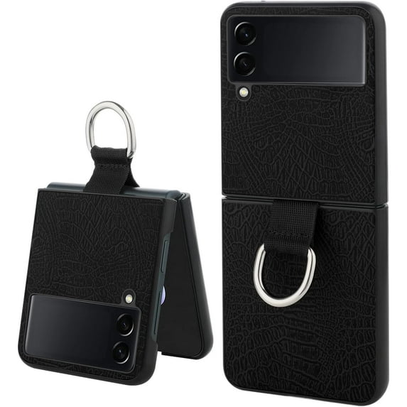 for Samsung Galaxy Z Flip 4 Case with Ring Holder Slim Fit Leather PC Hard Protective Phone Case Compatible with Galaxy Z Flip 4 5G 2022-Black