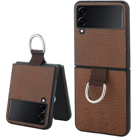 for Samsung Galaxy Z Flip 4 Case with Ring Holder Slim Fit Leather PC Hard Protective Phone Case Compatible with Galaxy Z Flip 4 5G 2022-Brown