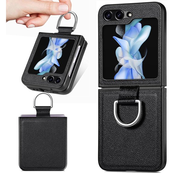 for Samsung Galaxy Z Flip 5 Case, PU Leather Protective Cover with Ring Flip Phone Case Samsung Galaxy Z Flip5 ZH Black