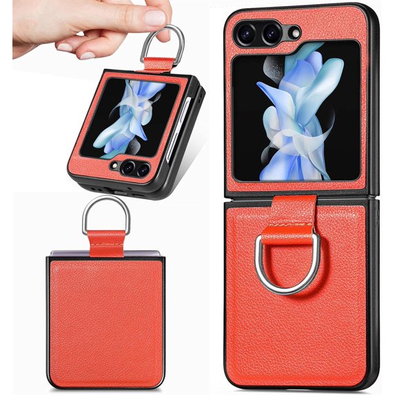 for Samsung Galaxy Z Flip 5 Case, PU Leather Protective Cover with Ring Flip Phone Case Samsung Galaxy Z Flip5 ZH Orange