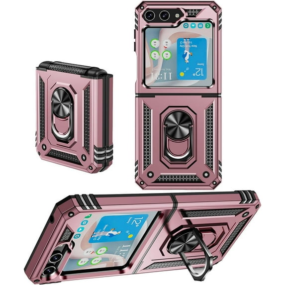 for Samsung Galaxy Z Flip 5 Case for Flip 5 Case,with Ring Stand, Militar Grade Protection Soft Shockproof Bumper Slim Phone Cover Case-Rose Gold
