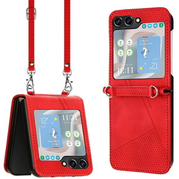 for Samsung Galaxy Z Flip 5 Stylish Case with Shoulder Strap PU Leather Embossed Shockproof Phone Cover for Samsung Galaxy Z Flip 5, Red