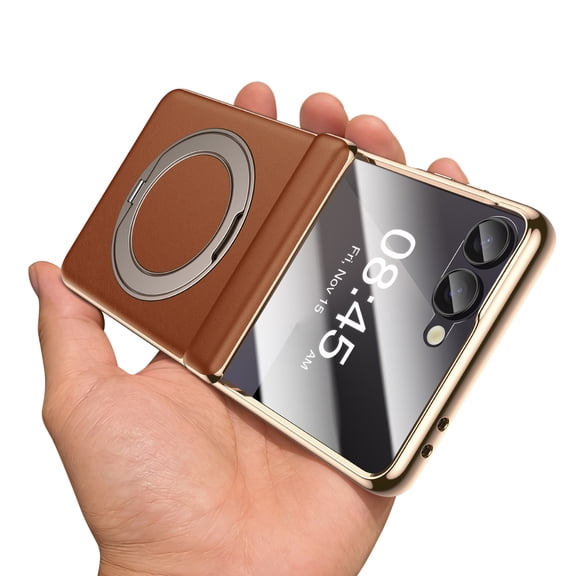 for Samsung Galaxy Z Flip 7 Case Luxury Leather with Screen Protector [Hinge Protection], Fit for Magsafe, Magnetic Kickstand Ring Holder, Brown