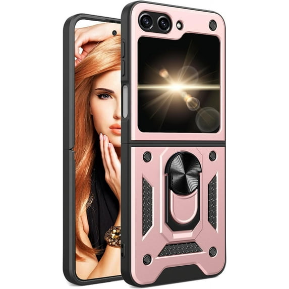 for Samsung Galaxy Z Flip5 Case for Men, Military Grade Drop Protective Phone Cover Case with Ring Kickstand for Samsung Galaxy Z Flip 5 SJ Rose Gold