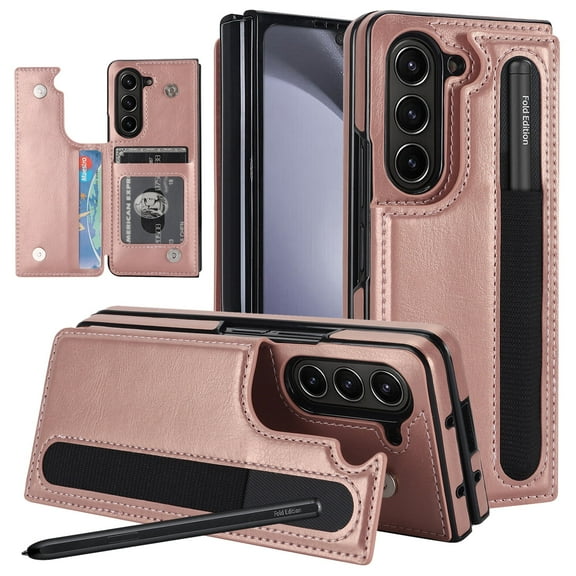 for Samsung Galaxy Z Fold 6 Case with Pen Holder, Anti-Fall Shockproof Leather Protective Cover with Card Holder & Stand