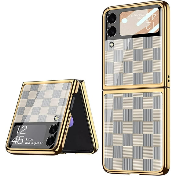 for Samsung Z Flip 4 Case Ultra-Thin Electroplated Glass Protective Cover for Samsung Galaxy Z Flip 4 Case, Grid White