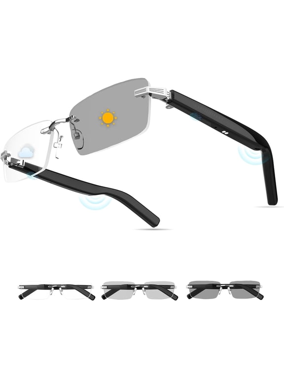 for Smart Glasses: Rimless Photochromic Bluetooth Sunglasses w/Open-Ear HD Sound, Mic, UV400, Voice Control, Hands-Free Calls for Men & Women