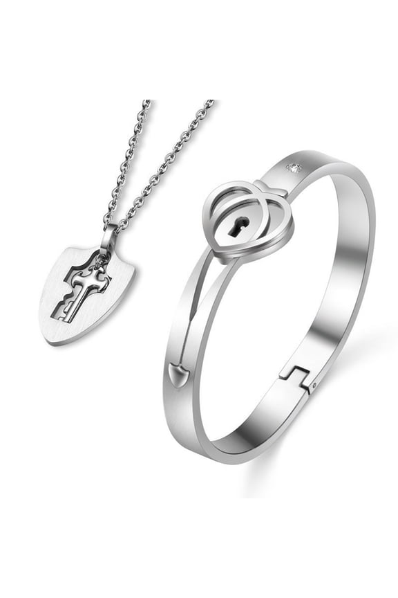 for Steel for Key Pendant Necklace Heart Lock Bangle Set for Couples Valetines Gifts Jewelry